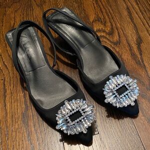 Zara Black Embellished Women's sling back kitten heel